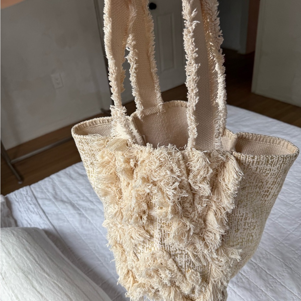 BTB los Angeles beach tote pool bag fringe gold beige Boho distressed style